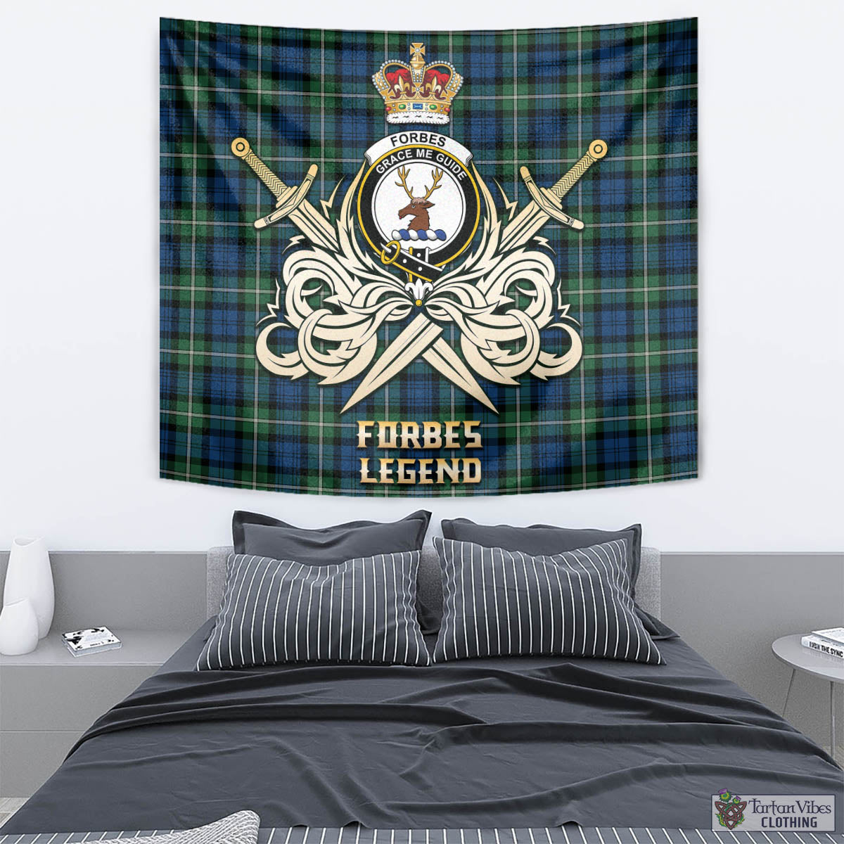 Tartan Vibes Clothing Forbes Ancient Tartan Tapestry with Clan Crest and the Golden Sword of Courageous Legacy