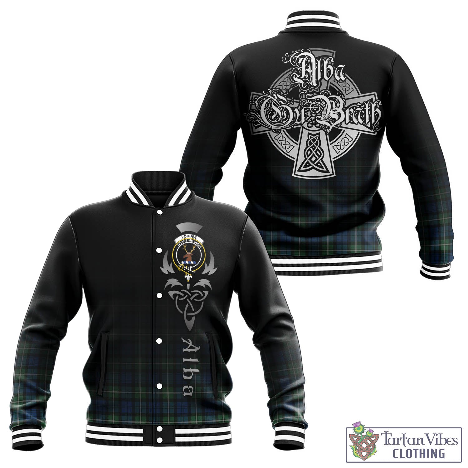 Tartan Vibes Clothing Forbes Ancient Tartan Baseball Jacket Featuring Alba Gu Brath Family Crest Celtic Inspired