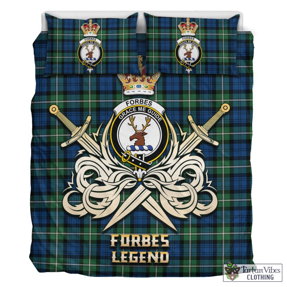 Tartan Vibes Clothing Forbes Ancient Tartan Bedding Set with Clan Crest and the Golden Sword of Courageous Legacy