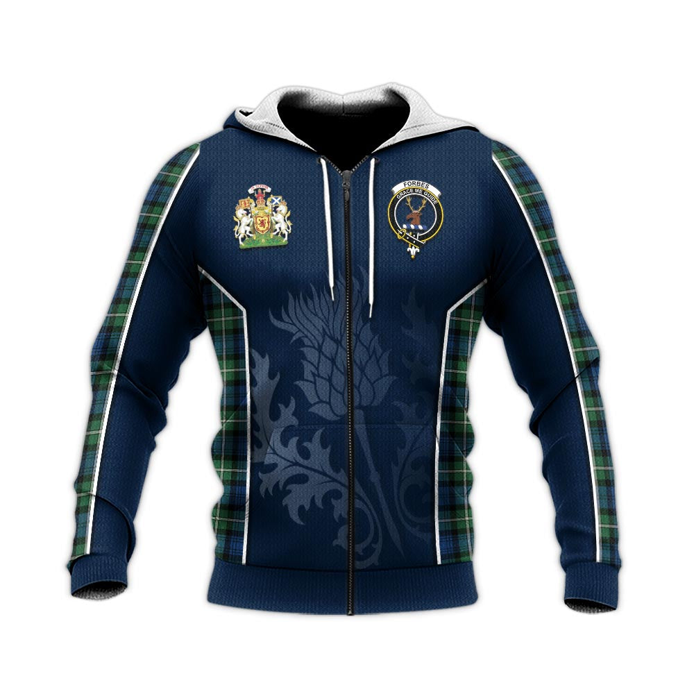 Tartan Vibes Clothing Forbes Ancient Tartan Knitted Hoodie with Family Crest and Scottish Thistle Vibes Sport Style