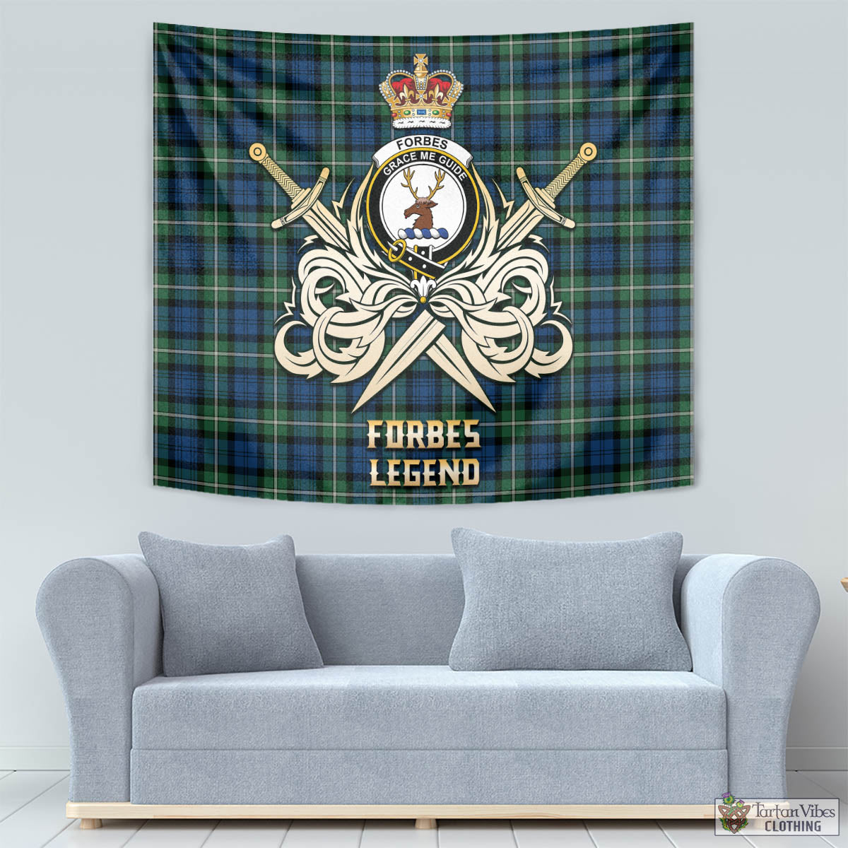 Tartan Vibes Clothing Forbes Ancient Tartan Tapestry with Clan Crest and the Golden Sword of Courageous Legacy