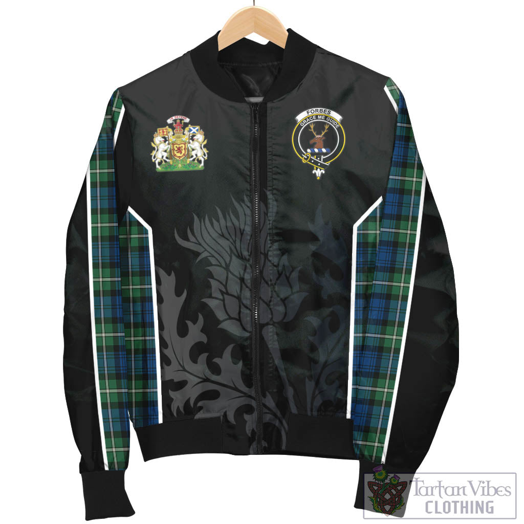 Tartan Vibes Clothing Forbes Ancient Tartan Bomber Jacket with Family Crest and Scottish Thistle Vibes Sport Style