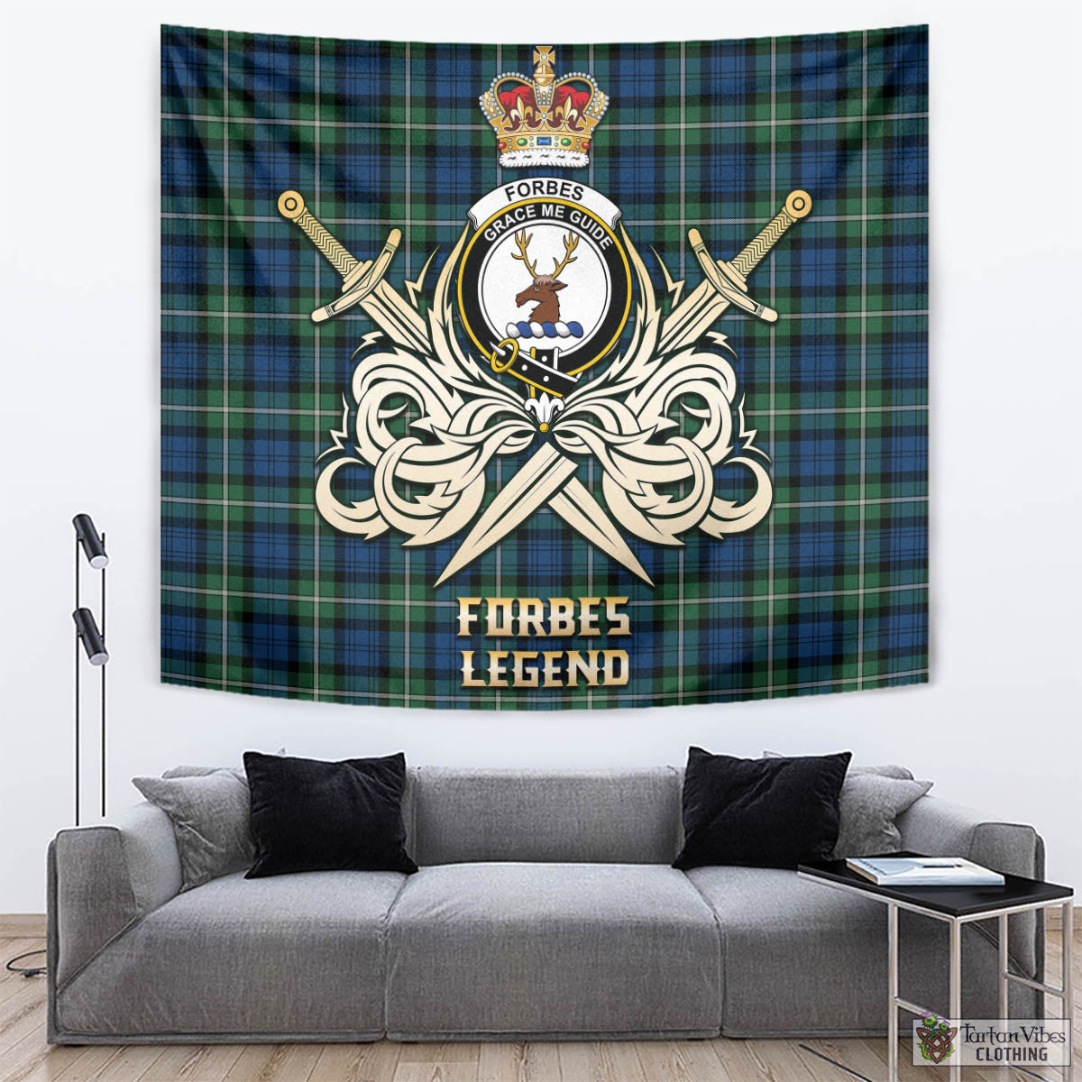 Tartan Vibes Clothing Forbes Ancient Tartan Tapestry with Clan Crest and the Golden Sword of Courageous Legacy