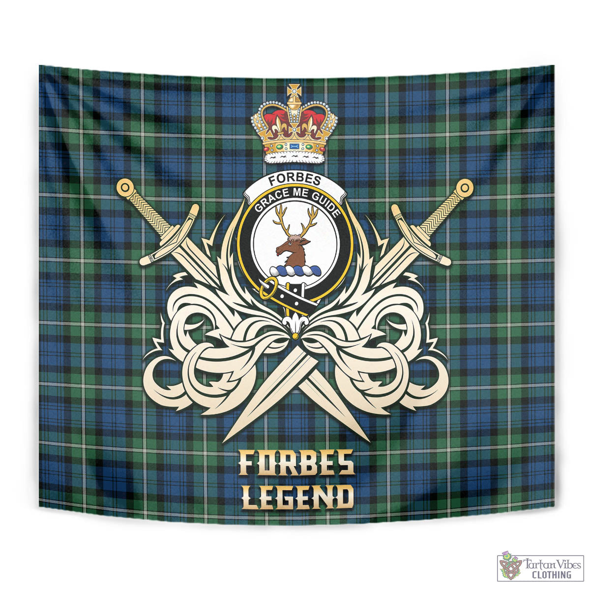 Tartan Vibes Clothing Forbes Ancient Tartan Tapestry with Clan Crest and the Golden Sword of Courageous Legacy