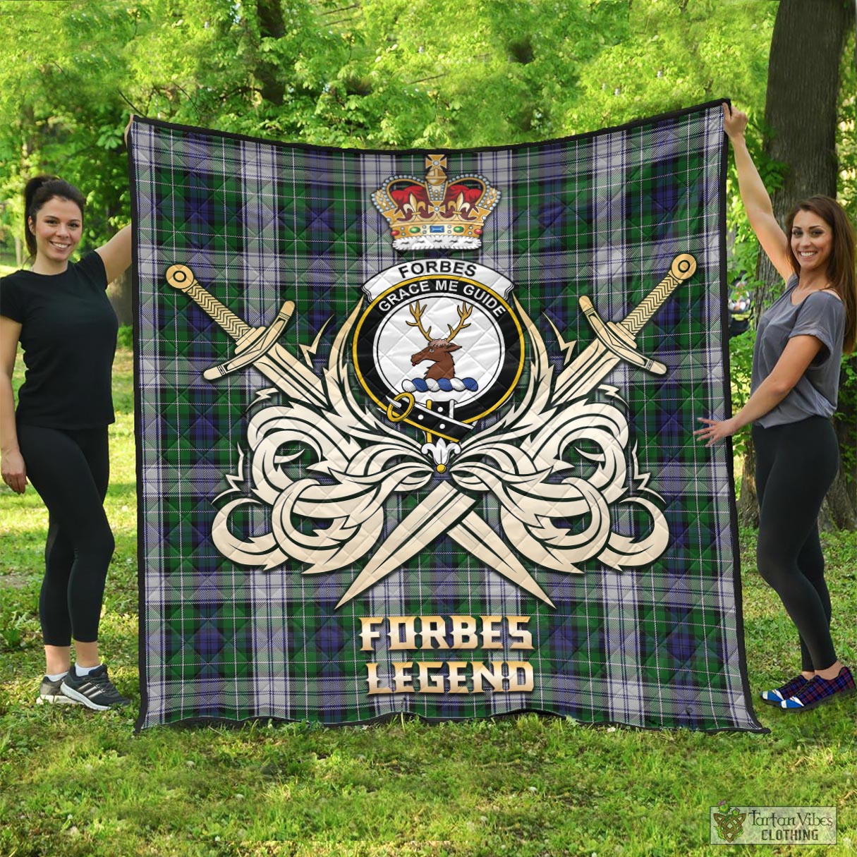 Tartan Vibes Clothing Forbes Dress Tartan Quilt with Clan Crest and the Golden Sword of Courageous Legacy