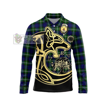 Forbes Modern Tartan Long Sleeve Polo Shirt with Family Crest Celtic Wolf Style