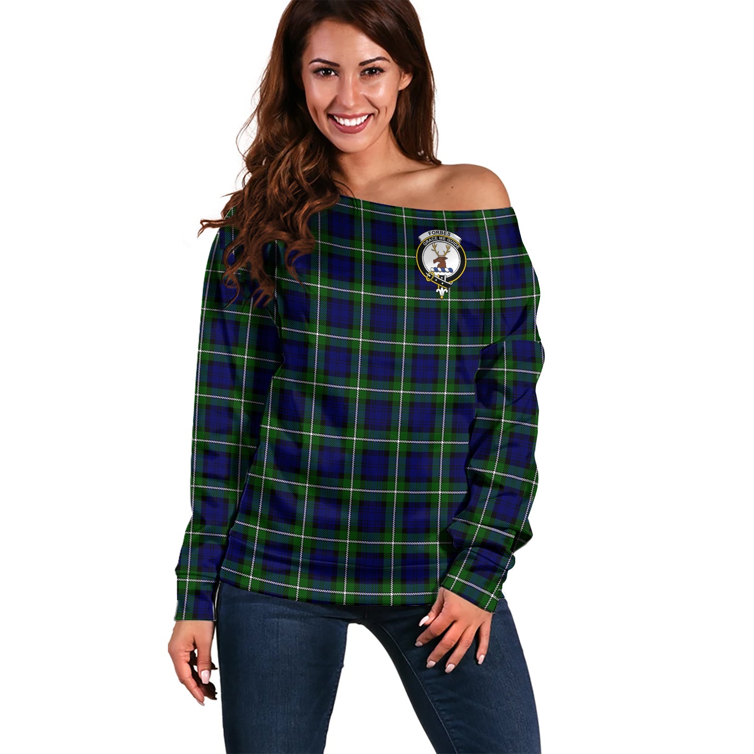 Forbes Modern Tartan Off Shoulder Women Sweater with Family Crest Women - Tartanvibesclothing