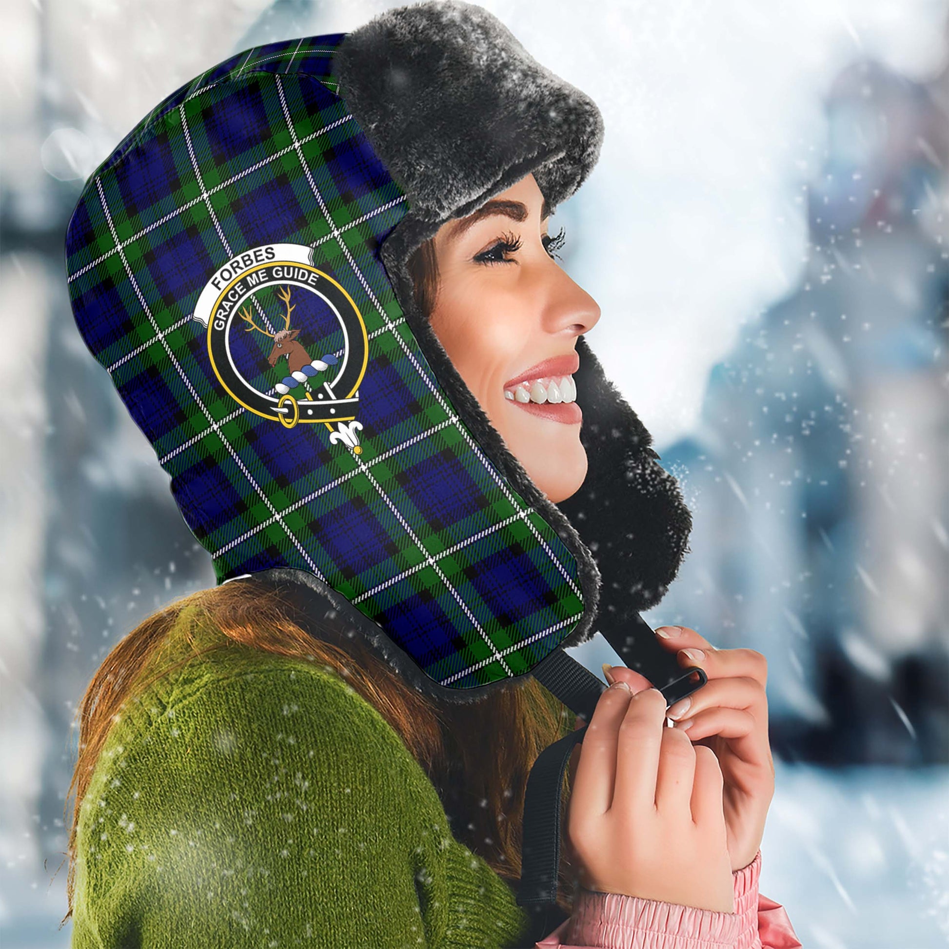 Forbes Modern Tartan Winter Trapper Hat with Family Crest Winter Trapper Hat Universal Fit Circumference 22.8in (58cm) - Tartanvibesclothing