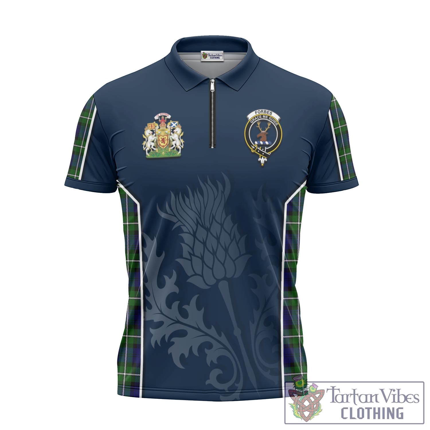 Tartan Vibes Clothing Forbes Modern Tartan Zipper Polo Shirt with Family Crest and Scottish Thistle Vibes Sport Style