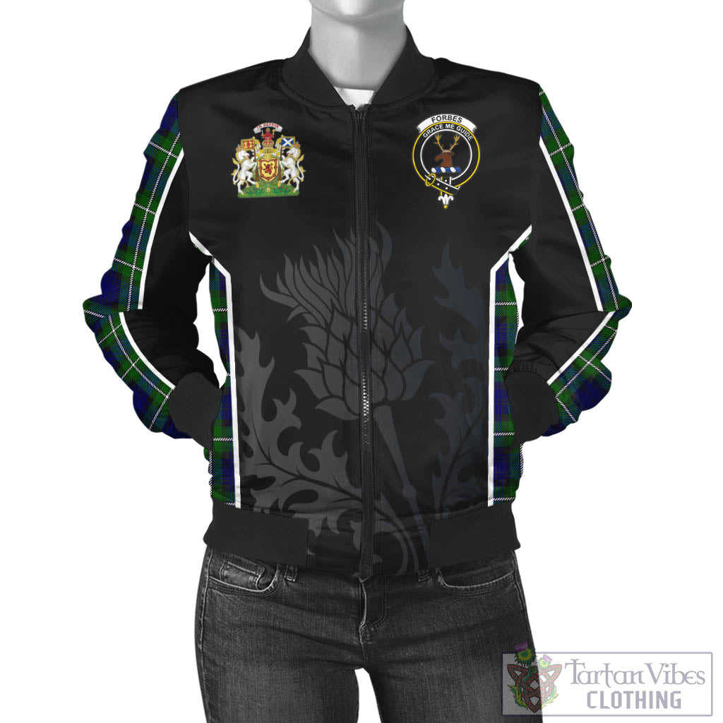 Tartan Vibes Clothing Forbes Modern Tartan Bomber Jacket with Family Crest and Scottish Thistle Vibes Sport Style