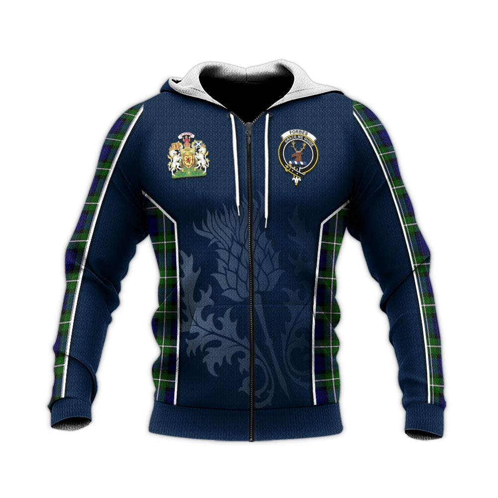 Tartan Vibes Clothing Forbes Modern Tartan Knitted Hoodie with Family Crest and Scottish Thistle Vibes Sport Style