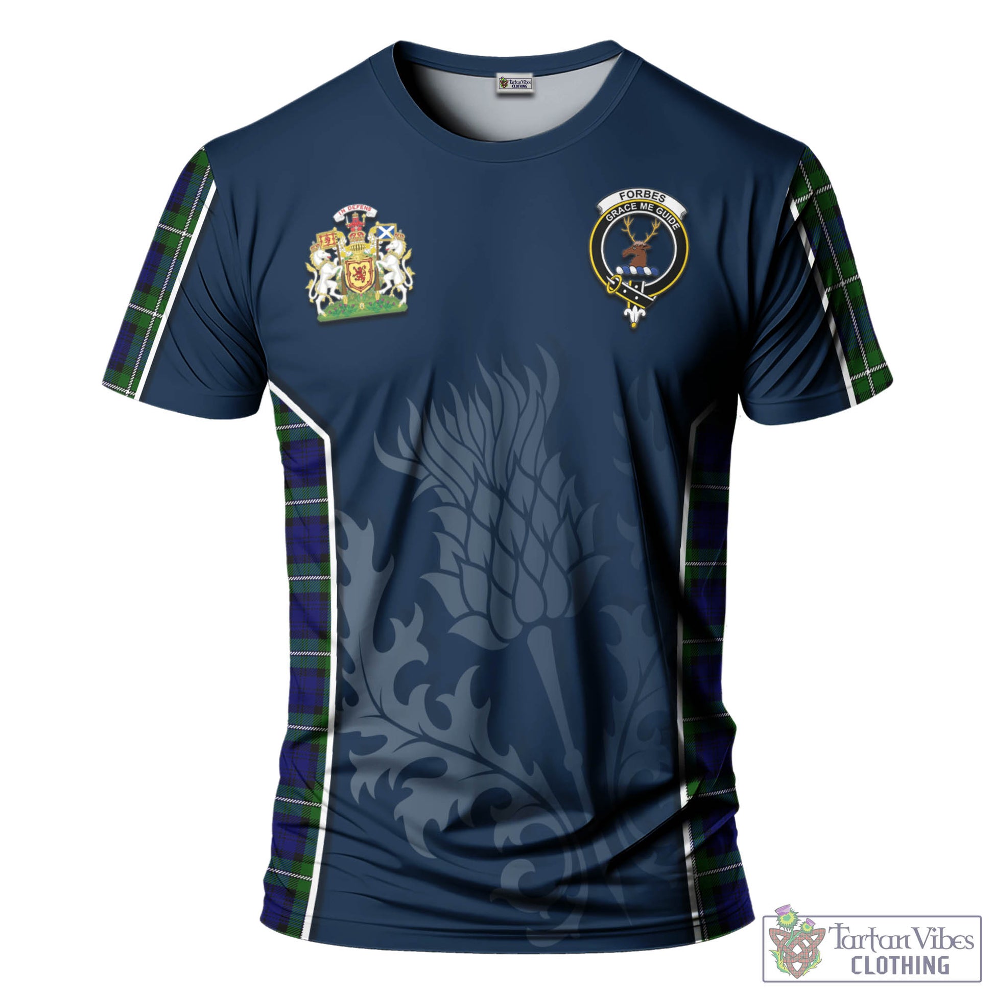 Tartan Vibes Clothing Forbes Modern Tartan T-Shirt with Family Crest and Scottish Thistle Vibes Sport Style