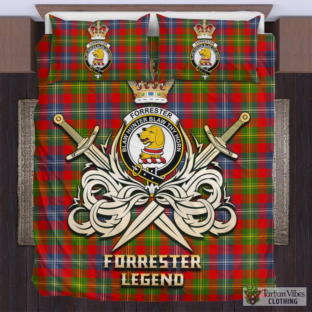 Tartan Vibes Clothing Forrester Tartan Bedding Set with Clan Crest and the Golden Sword of Courageous Legacy