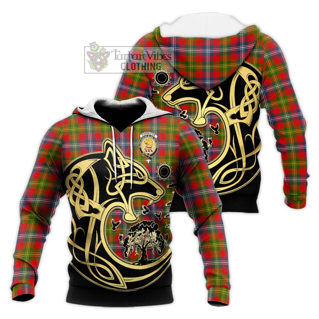 Forrester (Foster) Tartan Knitted Hoodie with Family Crest Celtic Wolf Style Unisex Knitted Pullover Hoodie - Tartan Vibes Clothing