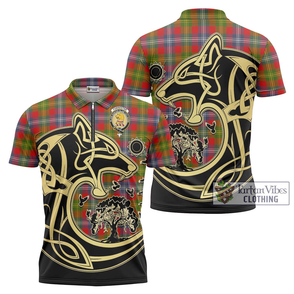 Forrester (Foster) Tartan Zipper Polo Shirt with Family Crest Celtic Wolf Style Unisex - Tartanvibesclothing Shop