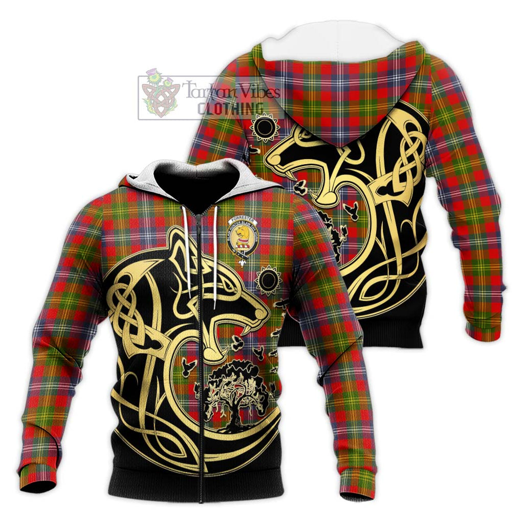 Forrester (Foster) Tartan Knitted Hoodie with Family Crest Celtic Wolf Style Unisex Knitted Zip Hoodie - Tartan Vibes Clothing