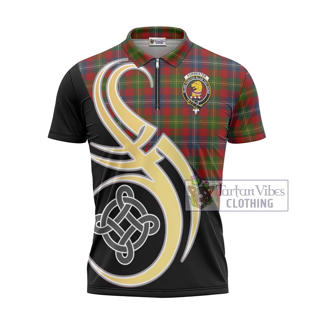 Tartan Vibes Clothing Forrester Tartan Zipper Polo Shirt with Family Crest and Celtic Symbol Style