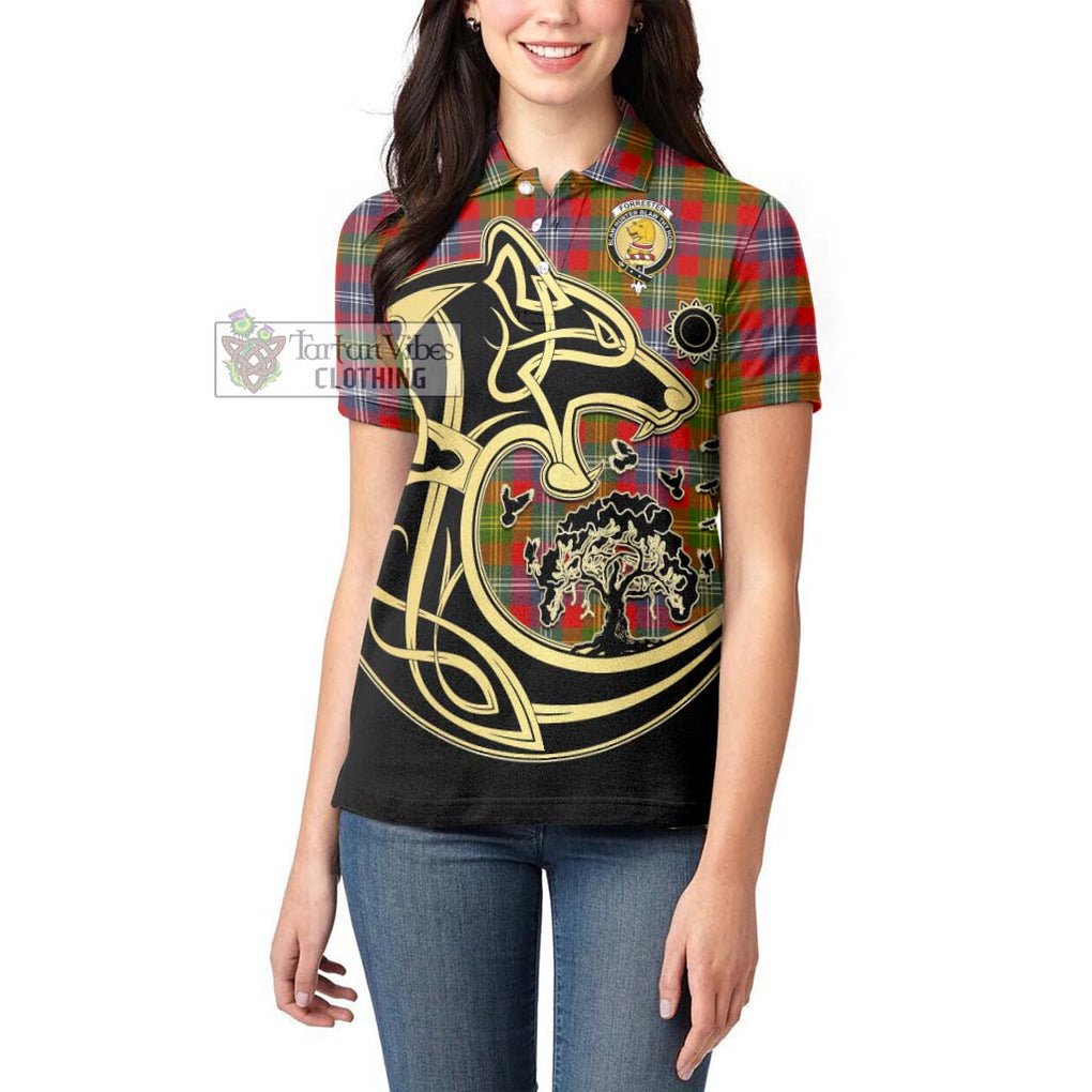 Forrester (Foster) Tartan Women's Polo Shirt with Family Crest Celtic Wolf Style - Tartanvibesclothing Shop