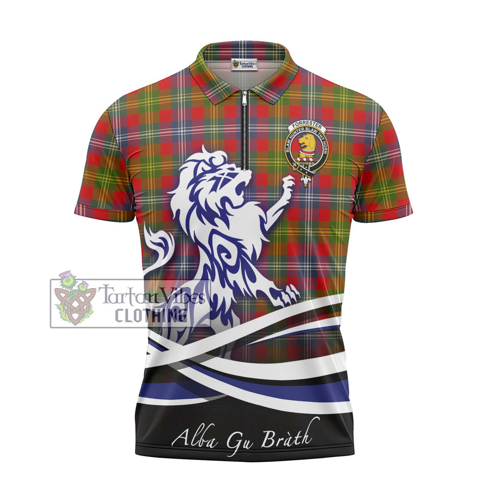 Forrester (Foster) Tartan Zipper Polo Shirt with Alba Gu Brath Regal Lion Emblem - Tartanvibesclothing Shop