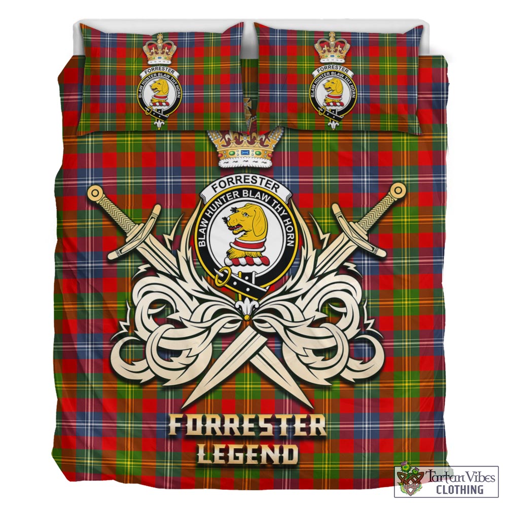 Tartan Vibes Clothing Forrester Tartan Bedding Set with Clan Crest and the Golden Sword of Courageous Legacy