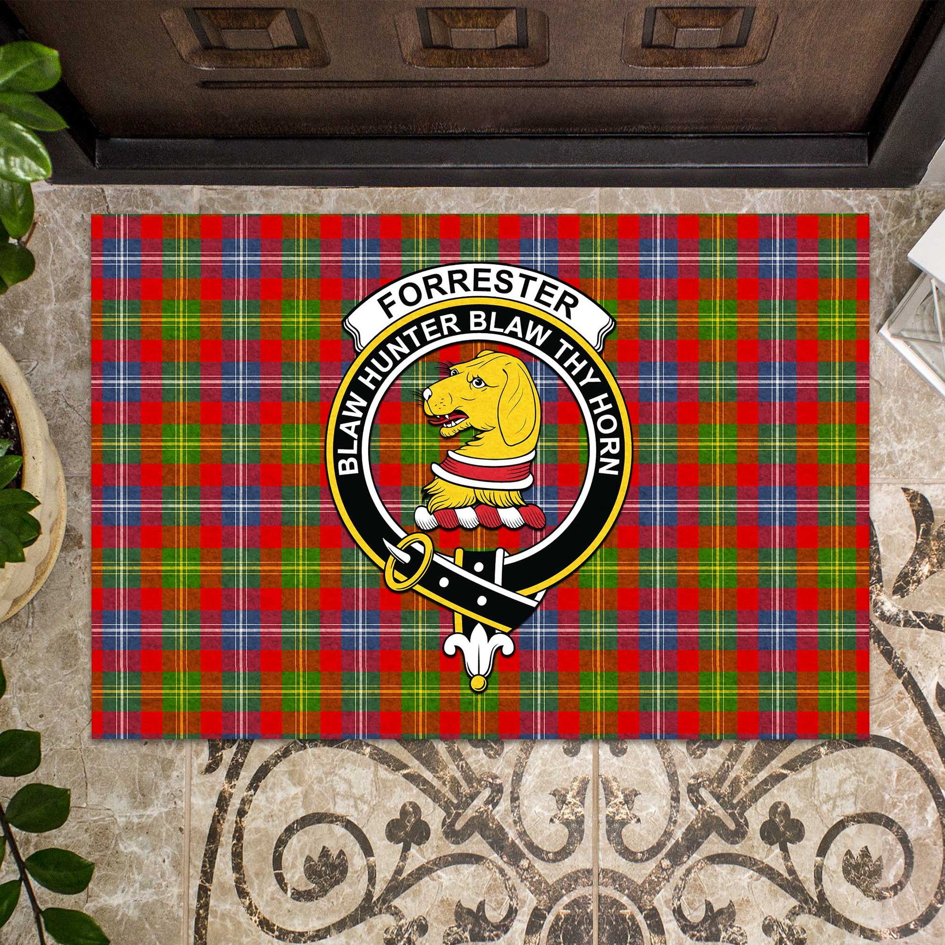 Forrester Tartan Door Mat with Family Crest - Tartanvibesclothing