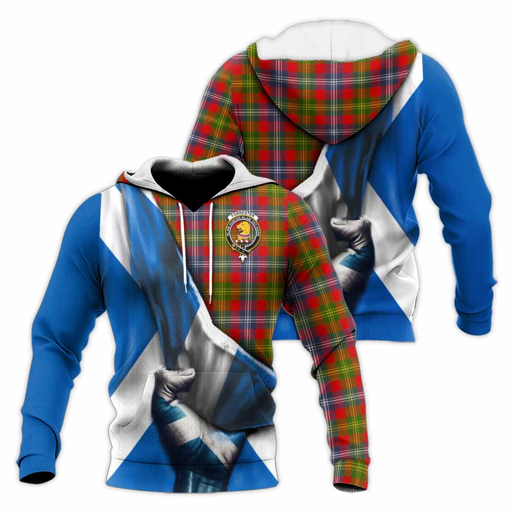 Tartan Vibes Clothing Forrester (Foster) Tartan Knitted Hoodie with Family Crest Scotland Patriotic Style