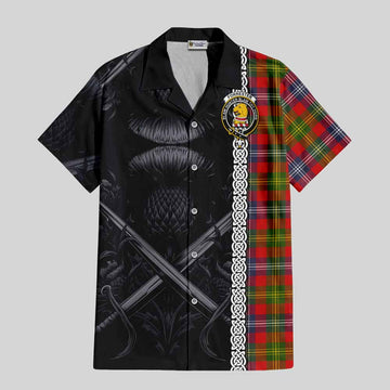 Forrester (Foster) Tartan Short Sleeve Button Shirt with Family Crest Cross Sword Thistle Celtic Vibes