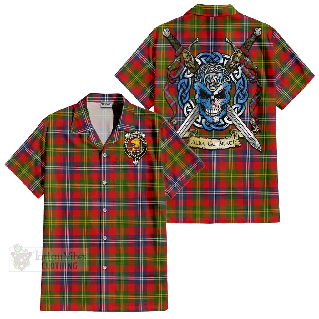 Tartan Vibes Clothing Forrester (Foster) Tartan Short Sleeve Button Shirt with Family Crest Celtic Skull Style