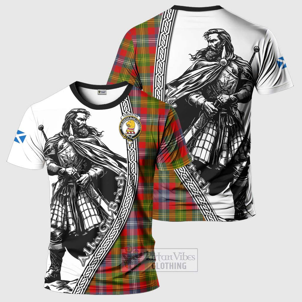 Tartan Vibes Clothing Forrester (Foster) Tartan Clan Crest T-Shirt with Highlander Warrior Celtic Style