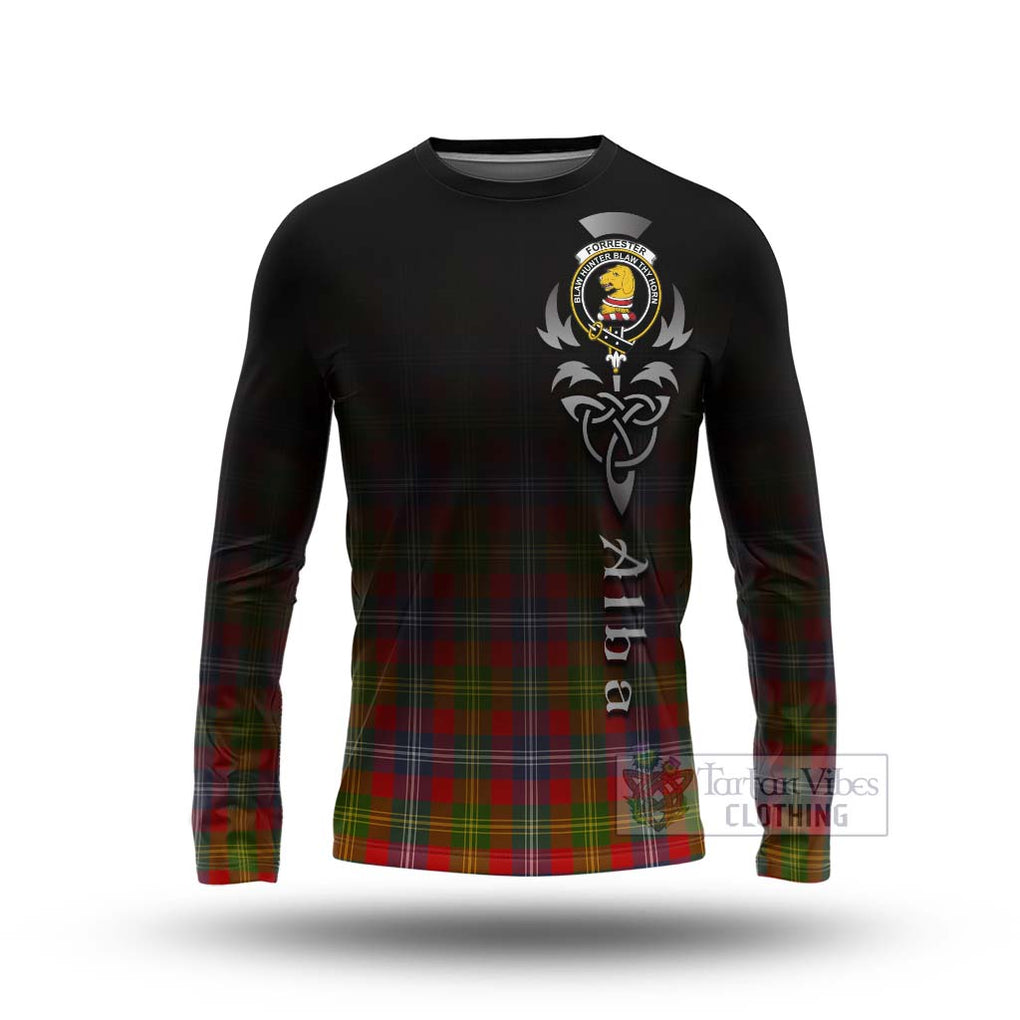 Tartan Vibes Clothing Forrester (Foster) Tartan Long Sleeve T-Shirt Featuring Alba Gu Brath Family Crest Celtic Inspired