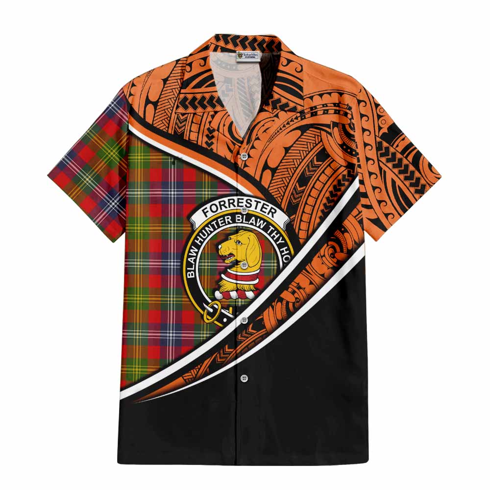 Tartan Vibes Clothing Forrester (Foster) Crest Tartan Short Sleeve Button Shirt with Maori Tattoo Style - Orange Version