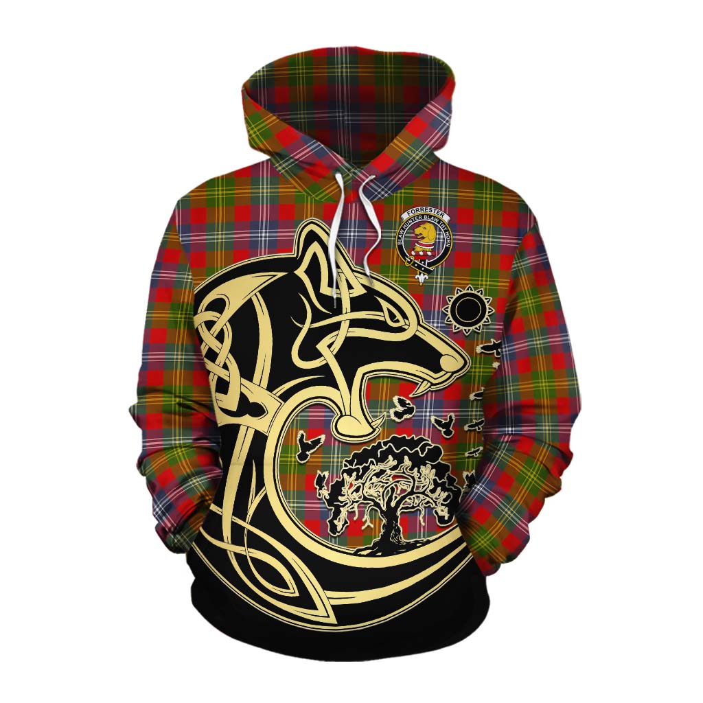 Tartan Vibes Clothing Forrester (Foster) Tartan Cotton Hoodie with Family Crest Celtic Wolf Style