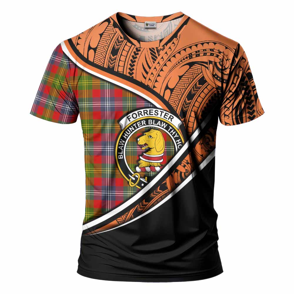 Tartan Vibes Clothing Forrester (Foster) Crest Tartan T-Shirt with Maori Tattoo Style - Orange Version