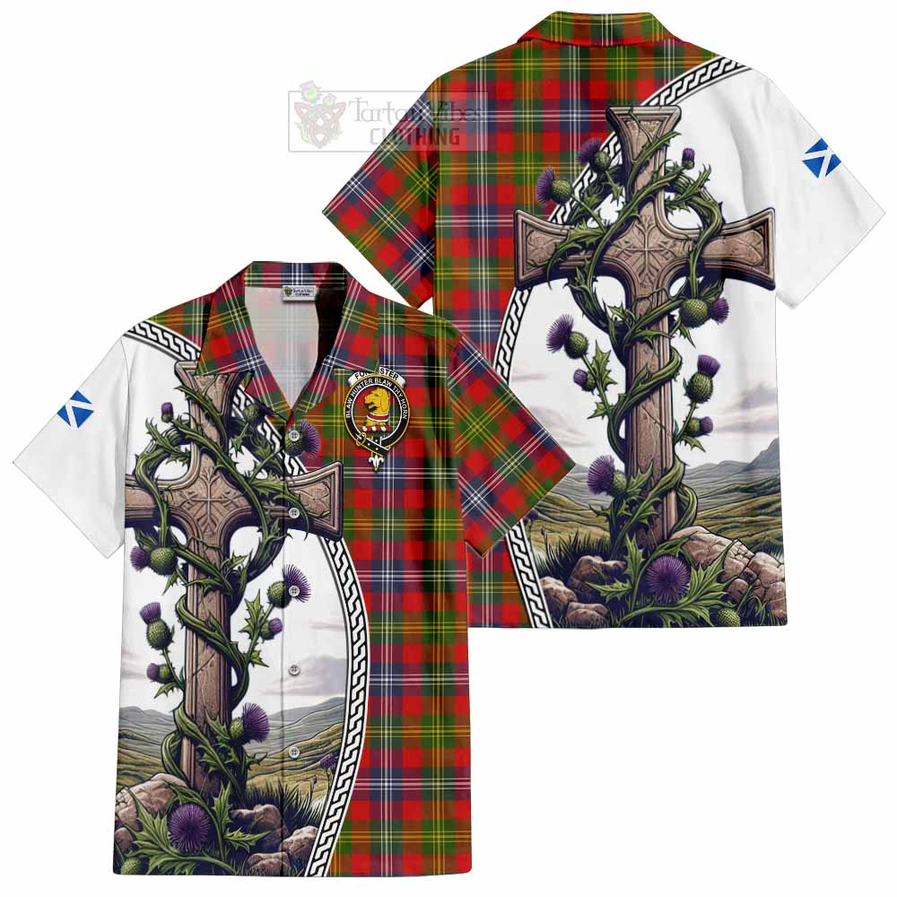 Tartan Vibes Clothing Forrester (Foster) Tartan Short Sleeve Button Shirt with Family Crest and St. Andrew's Cross Accented by Thistle Vines