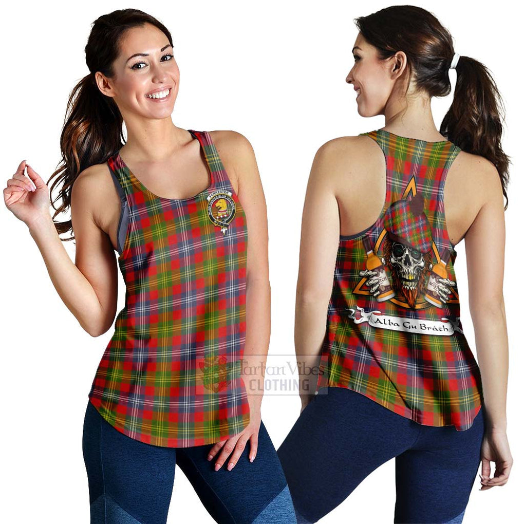 Tartan Vibes Clothing Forrester (Foster) Tartan Women's Racerback Tanks with Family Crest and Bearded Skull Holding Bottles of Whiskey