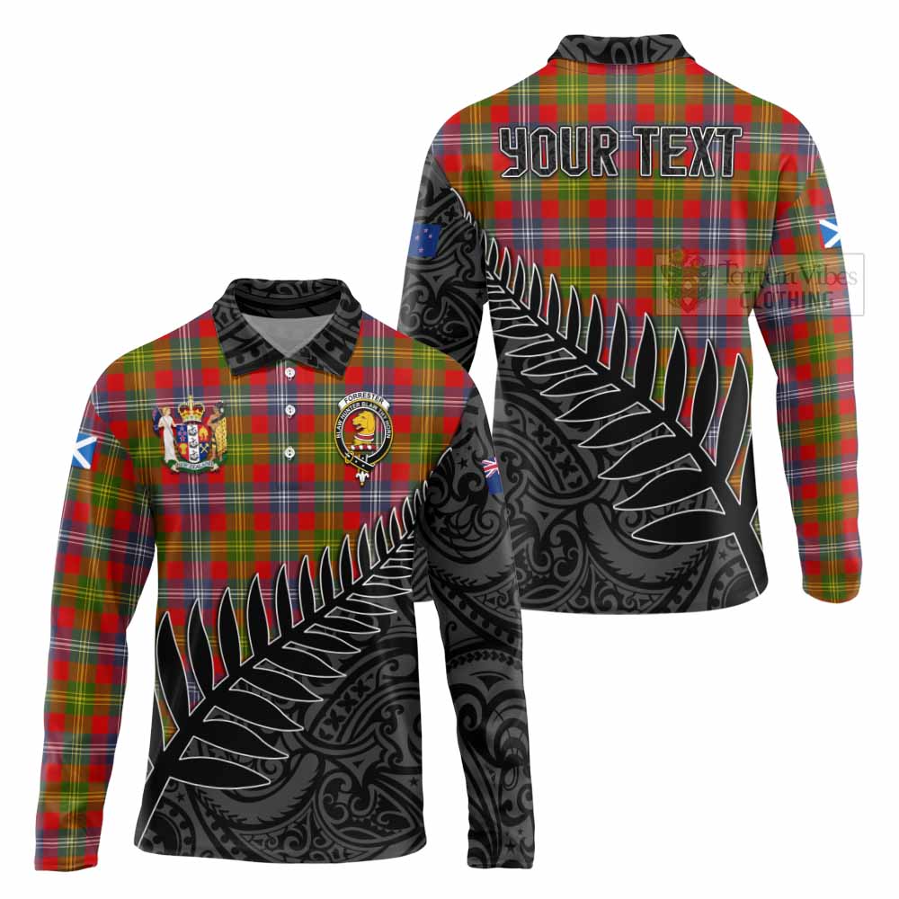 Tartan Vibes Clothing Forrester (Foster) Crest Tartan Long Sleeve Polo Shirt with New Zealand Silver Fern Half Style