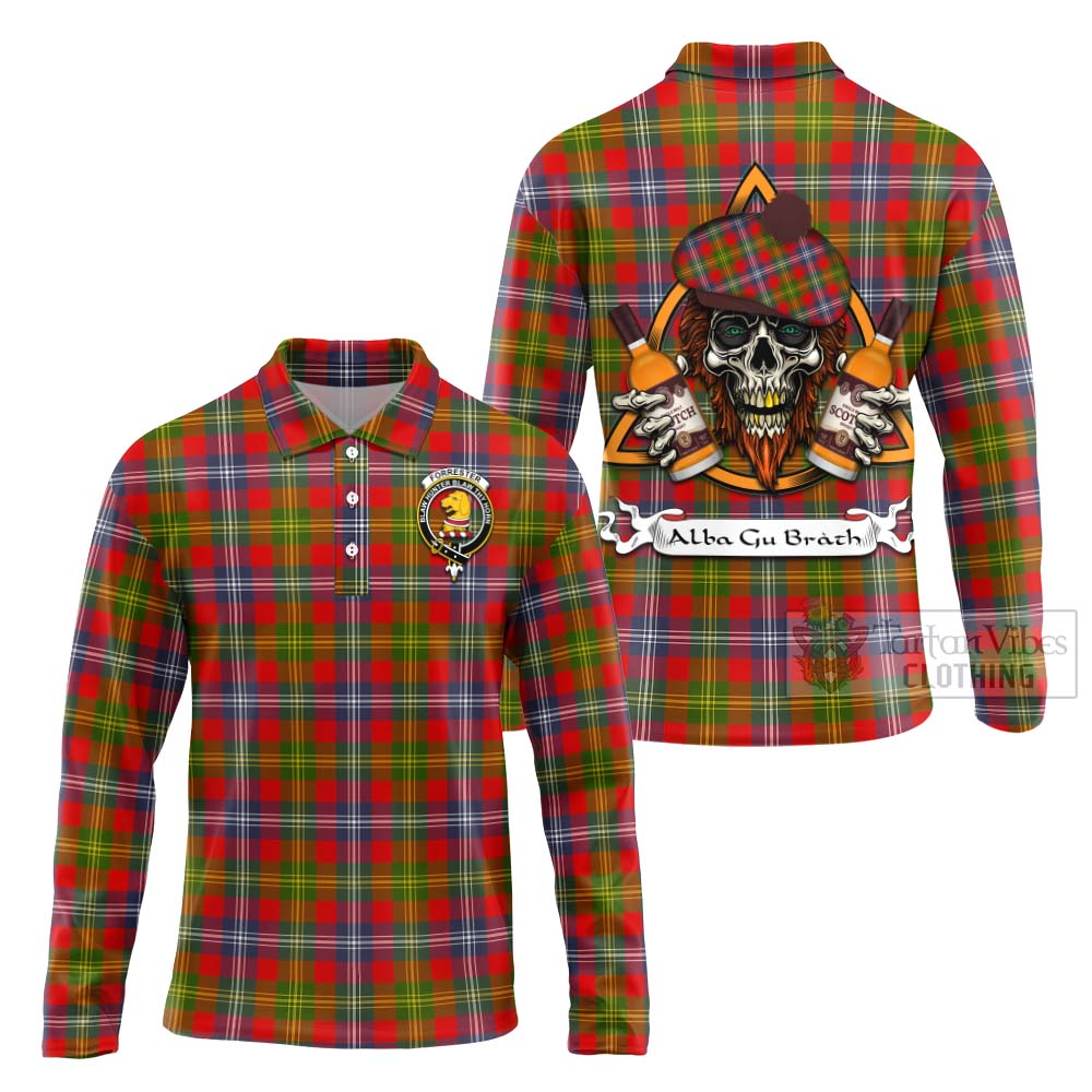 Tartan Vibes Clothing Forrester (Foster) Tartan Long Sleeve Polo Shirt with Family Crest and Bearded Skull Holding Bottles of Whiskey