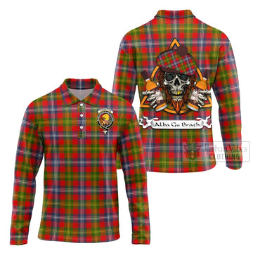 Forrester (Foster) Tartan Long Sleeve Polo Shirt with Family Crest and Bearded Skull Holding Bottles of Whiskey