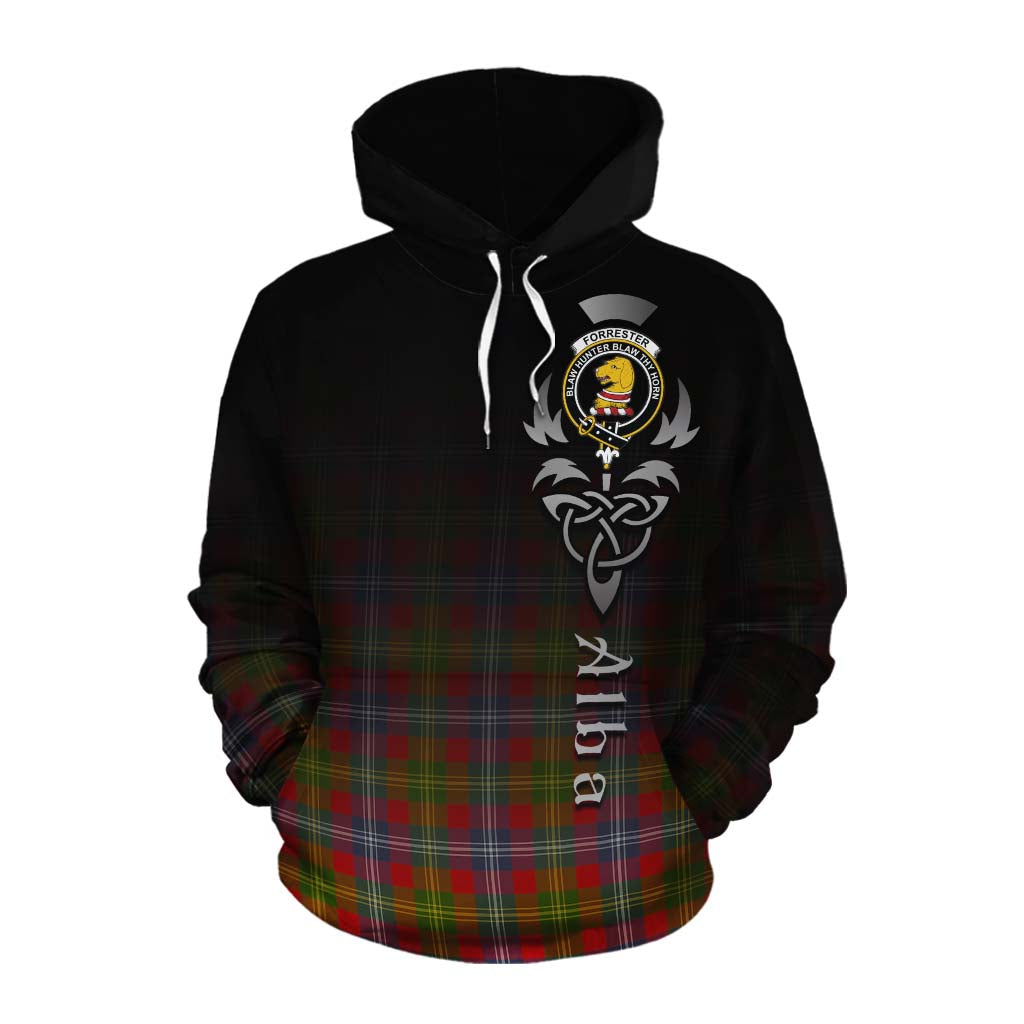 Tartan Vibes Clothing Forrester (Foster) Tartan Cotton Hoodie Featuring Alba Gu Brath Family Crest Celtic Inspired