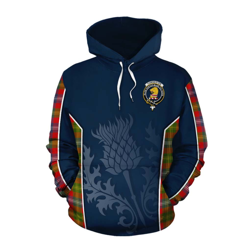 Tartan Vibes Clothing Forrester (Foster) Tartan Cotton Hoodie with Family Crest and Scottish Thistle Vibes Sport Style