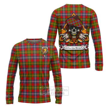 Forrester (Foster) Tartan Long Sleeve T-Shirt with Family Crest and Bearded Skull Holding Bottles of Whiskey