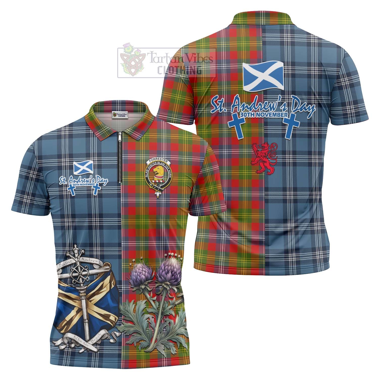 Tartan Vibes Clothing Forrester (Foster) Tartan Zipper Polo Shirt Happy St. Andrew's Day Half Tartan Style