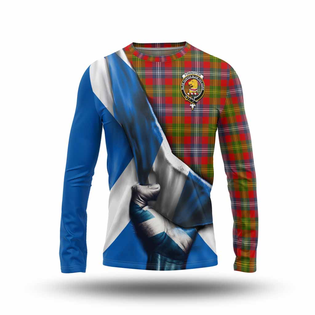 Tartan Vibes Clothing Forrester (Foster) Tartan Long Sleeve T-Shirt with Family Crest Scotland Patriotic Style