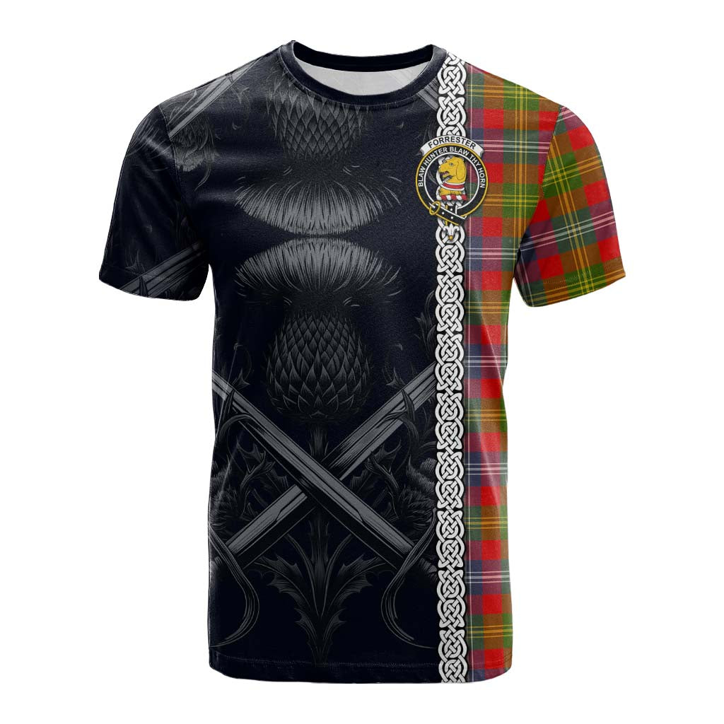 Tartan Vibes Clothing Forrester (Foster) Tartan Cotton T-shirt with Family Crest Cross Sword Thistle Celtic Vibes