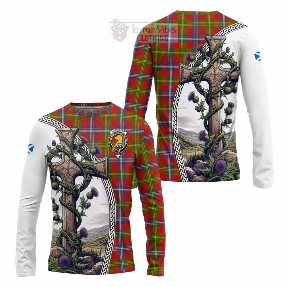 Tartan Vibes Clothing Forrester (Foster) Tartan Long Sleeve T-Shirt with Family Crest and St. Andrew's Cross Accented by Thistle Vines