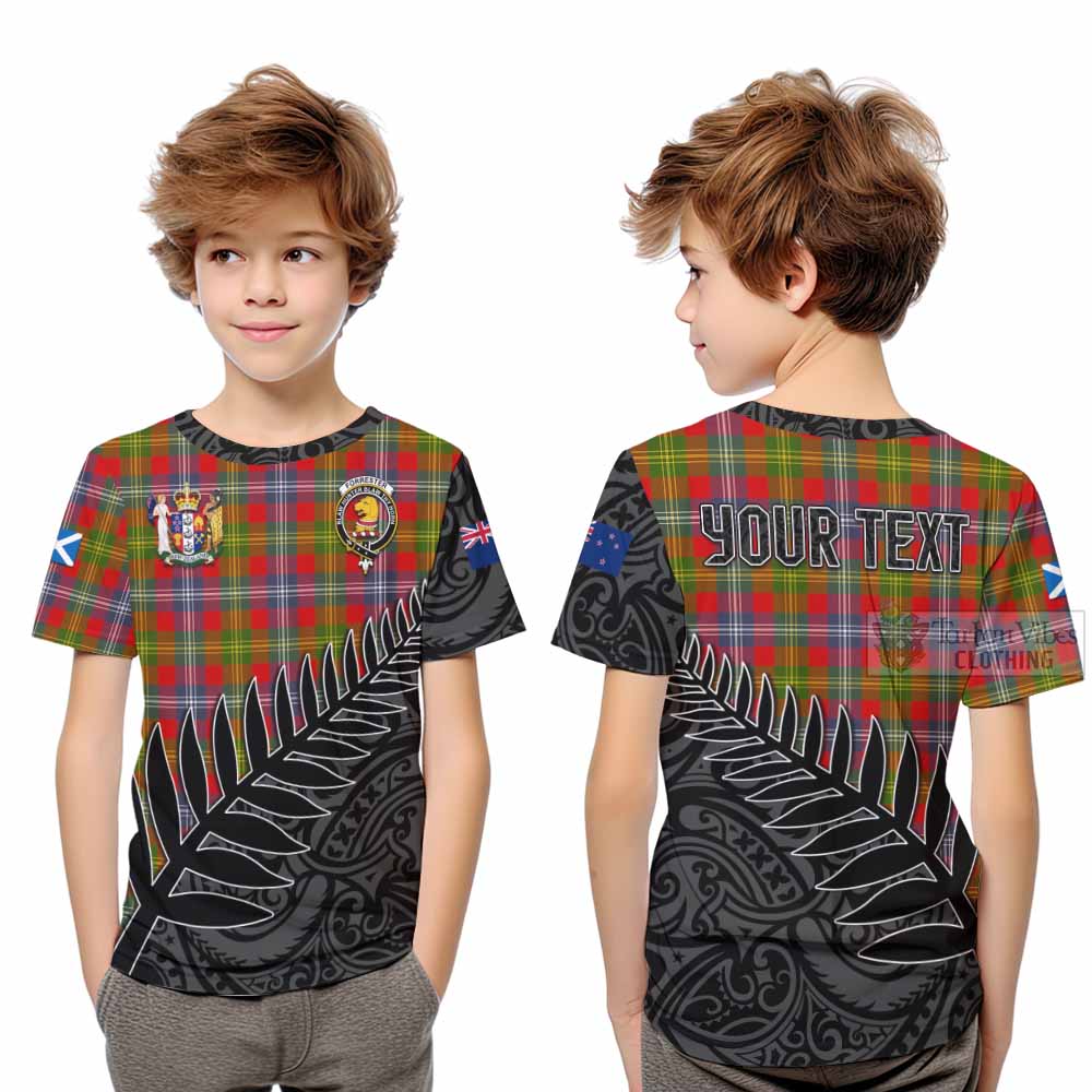 Tartan Vibes Clothing Forrester (Foster) Crest Tartan Kid T-Shirt with New Zealand Silver Fern Half Style