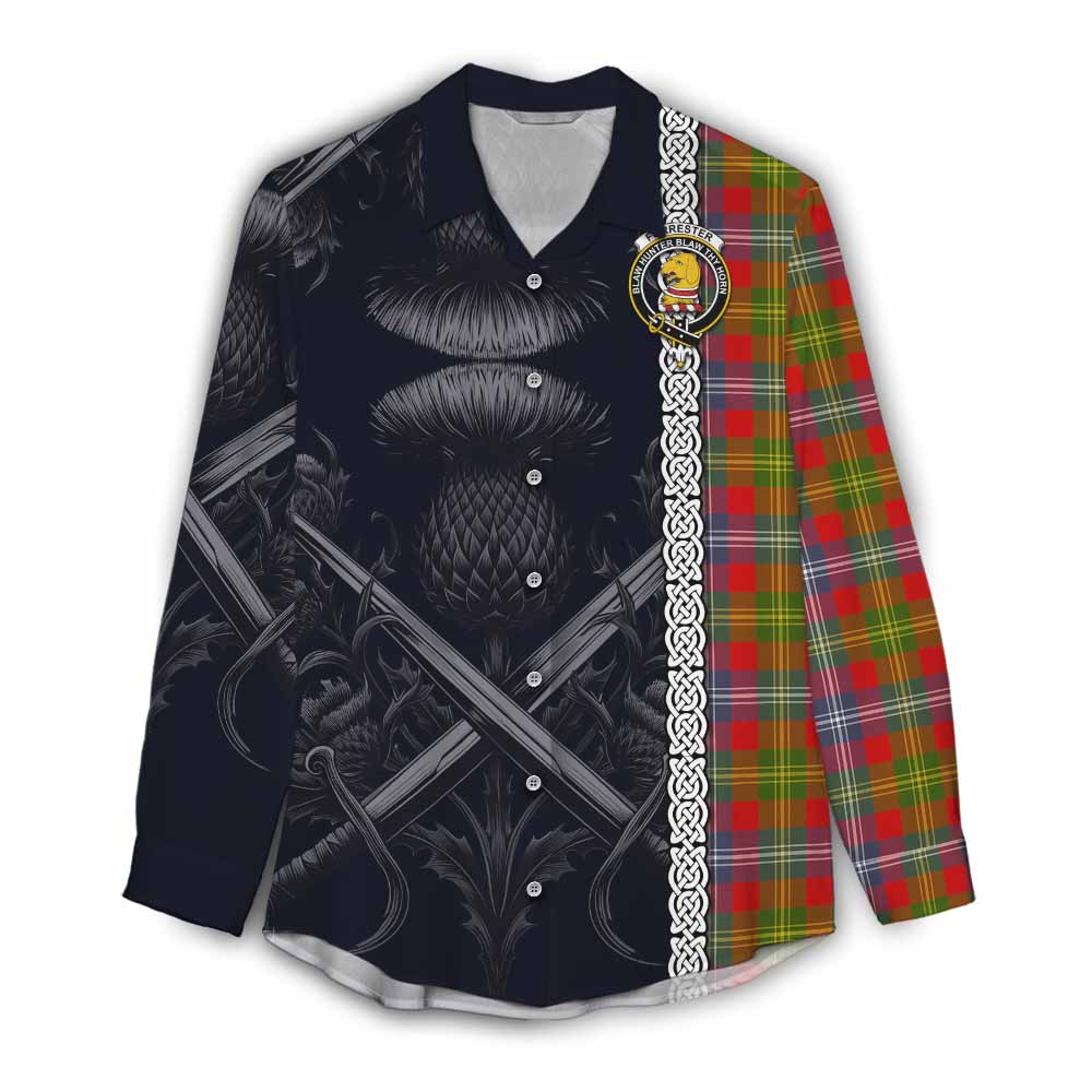 Tartan Vibes Clothing Forrester (Foster) Tartan Women's Casual Shirt with Family Crest Cross Sword Thistle Celtic Vibes