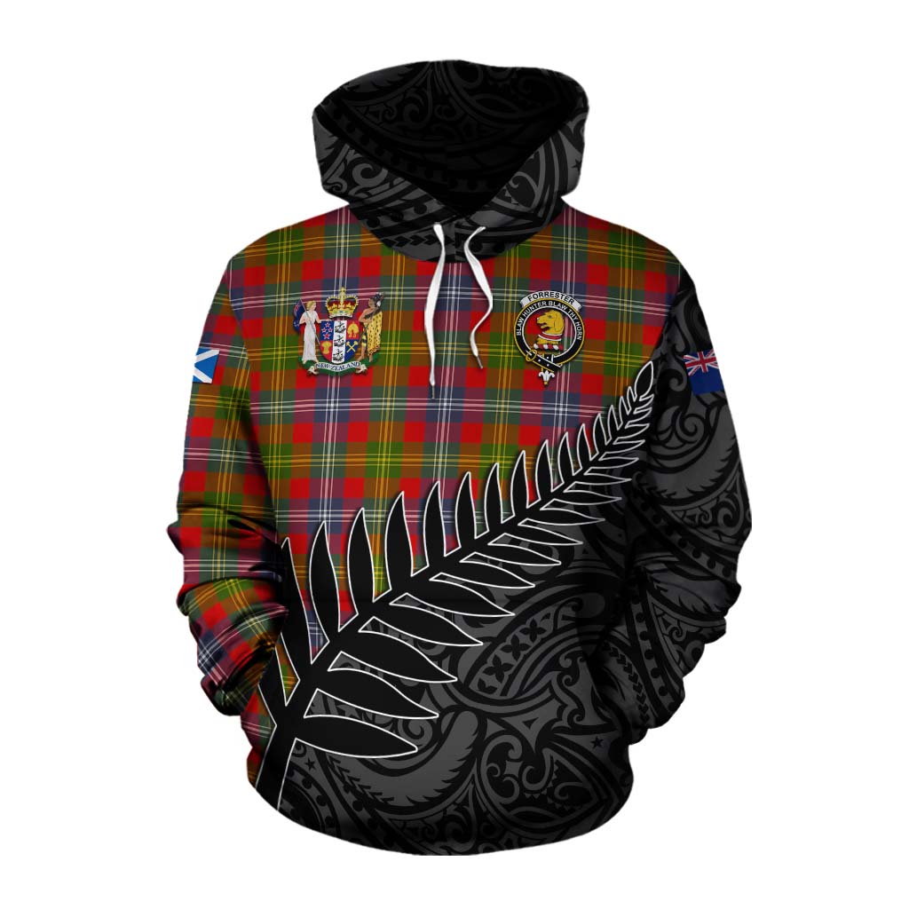 Tartan Vibes Clothing Forrester (Foster) Crest Tartan Cotton Hoodie with New Zealand Silver Fern Half Style