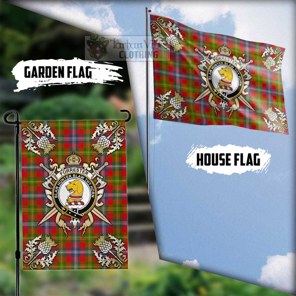 Tartan Vibes Clothing Forrester (Foster) Tartan Flag with Family Crest and Golden Thistle Crossed Sword Design