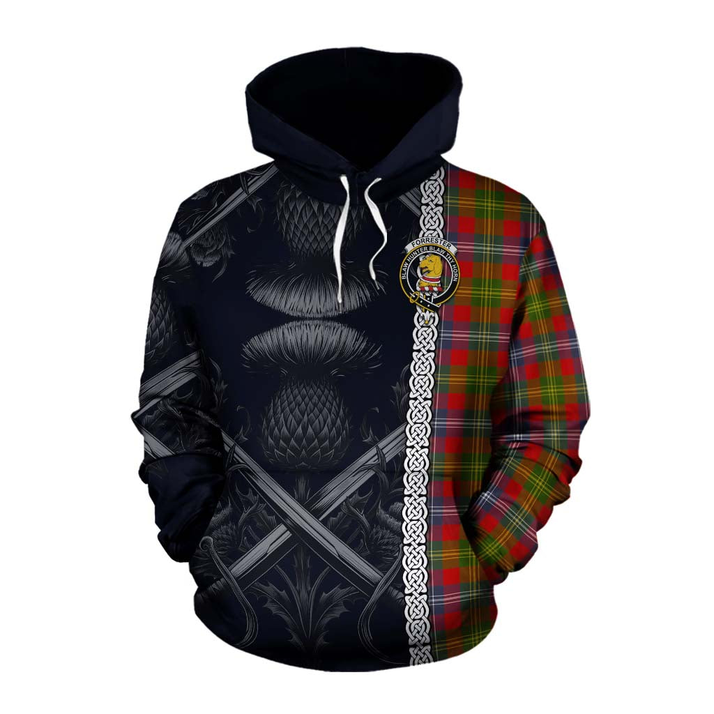 Tartan Vibes Clothing Forrester (Foster) Tartan Cotton Hoodie with Family Crest Cross Sword Thistle Celtic Vibes